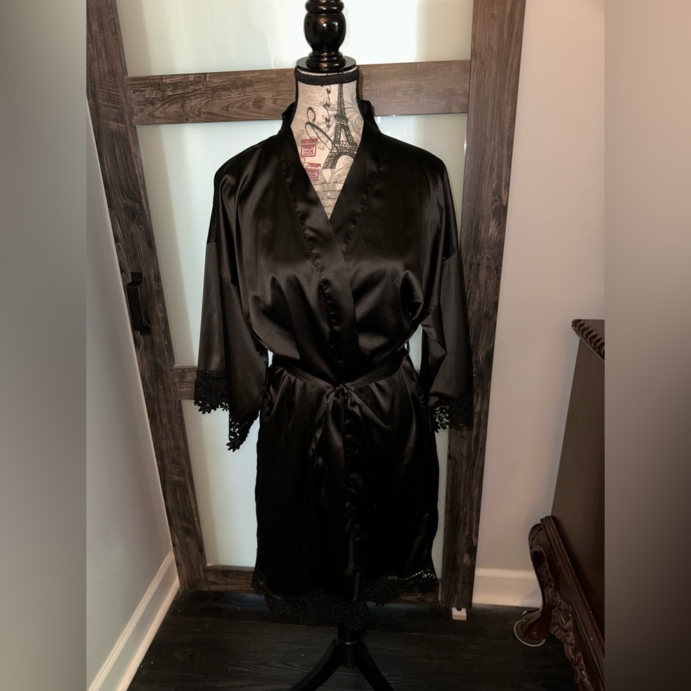 Zara Black Satin Robe with Lace Details